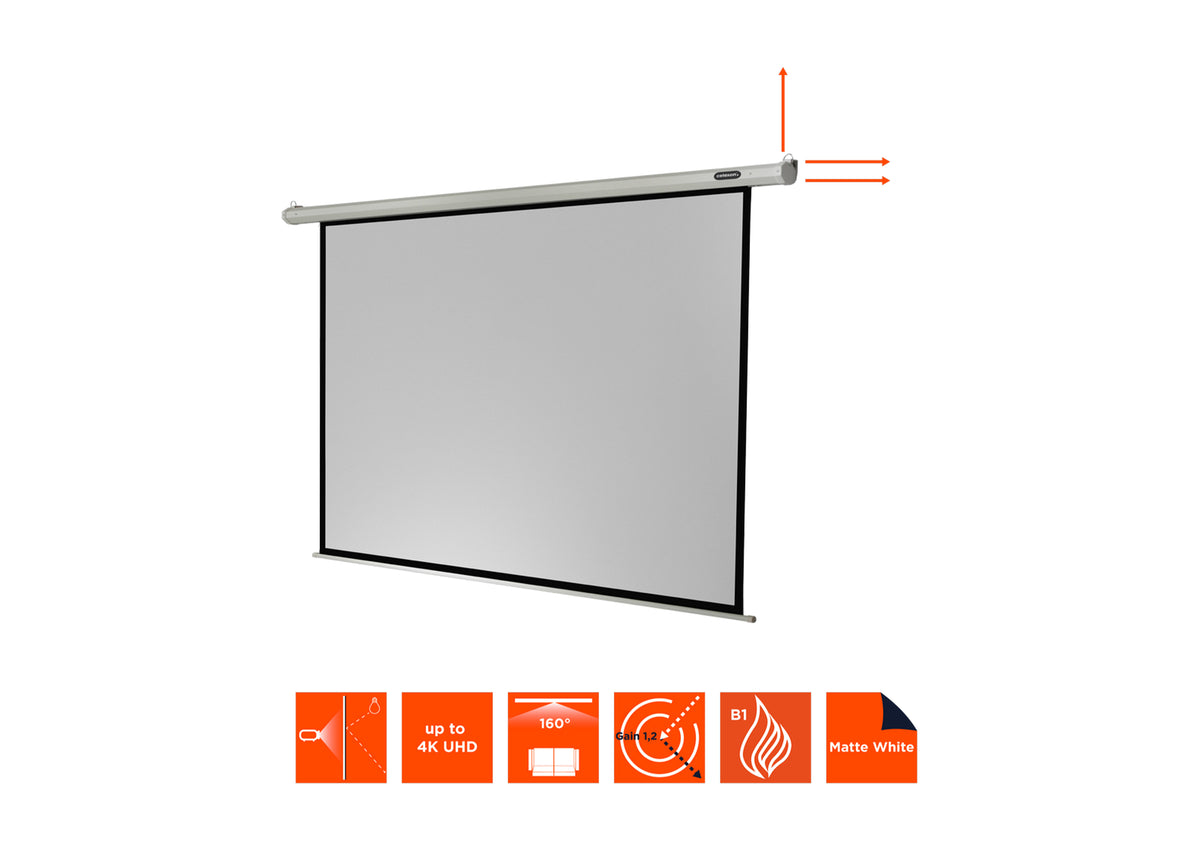 Frontal angled view of the celexon Projector screen Electric Economy without projection, but with screen dimensions indicated 
