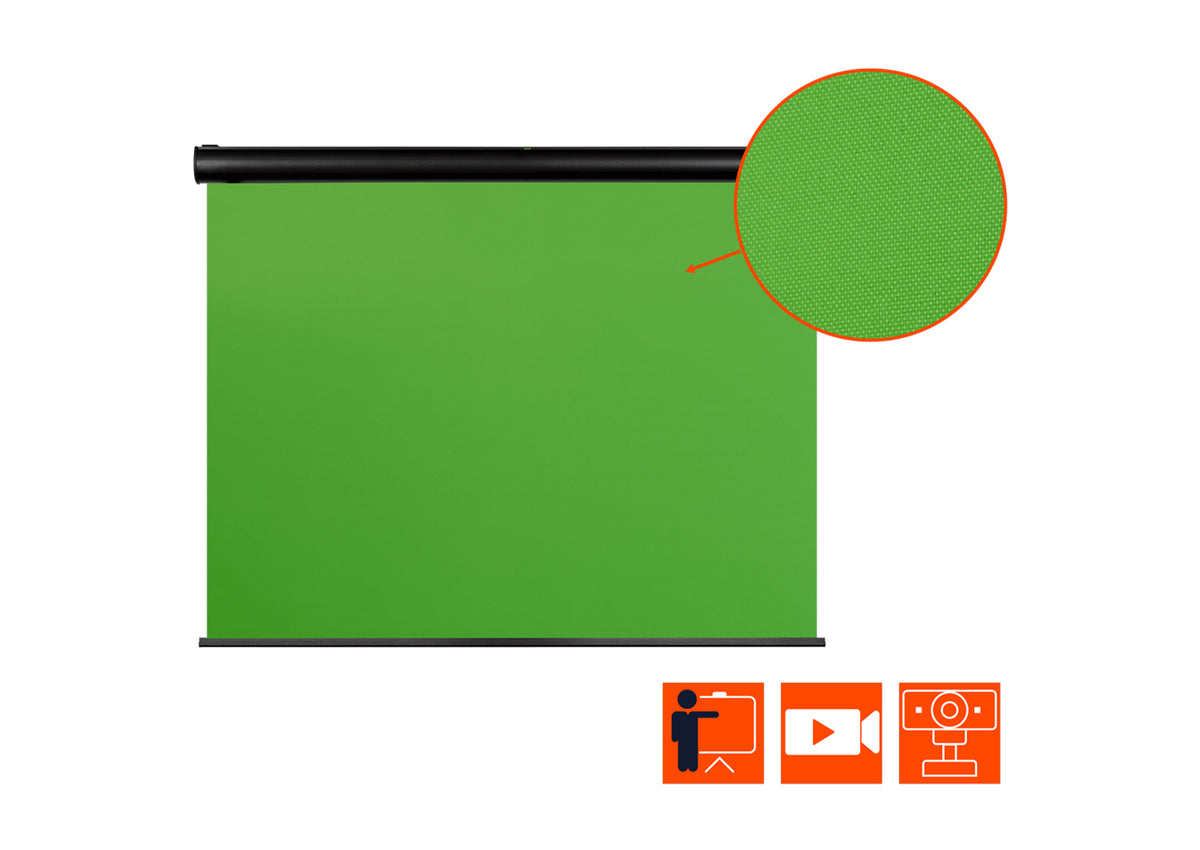 front view of the celexon Electric Chroma Key Green Screen with a close-up of the screen fabric and technical specs shown as orange icons