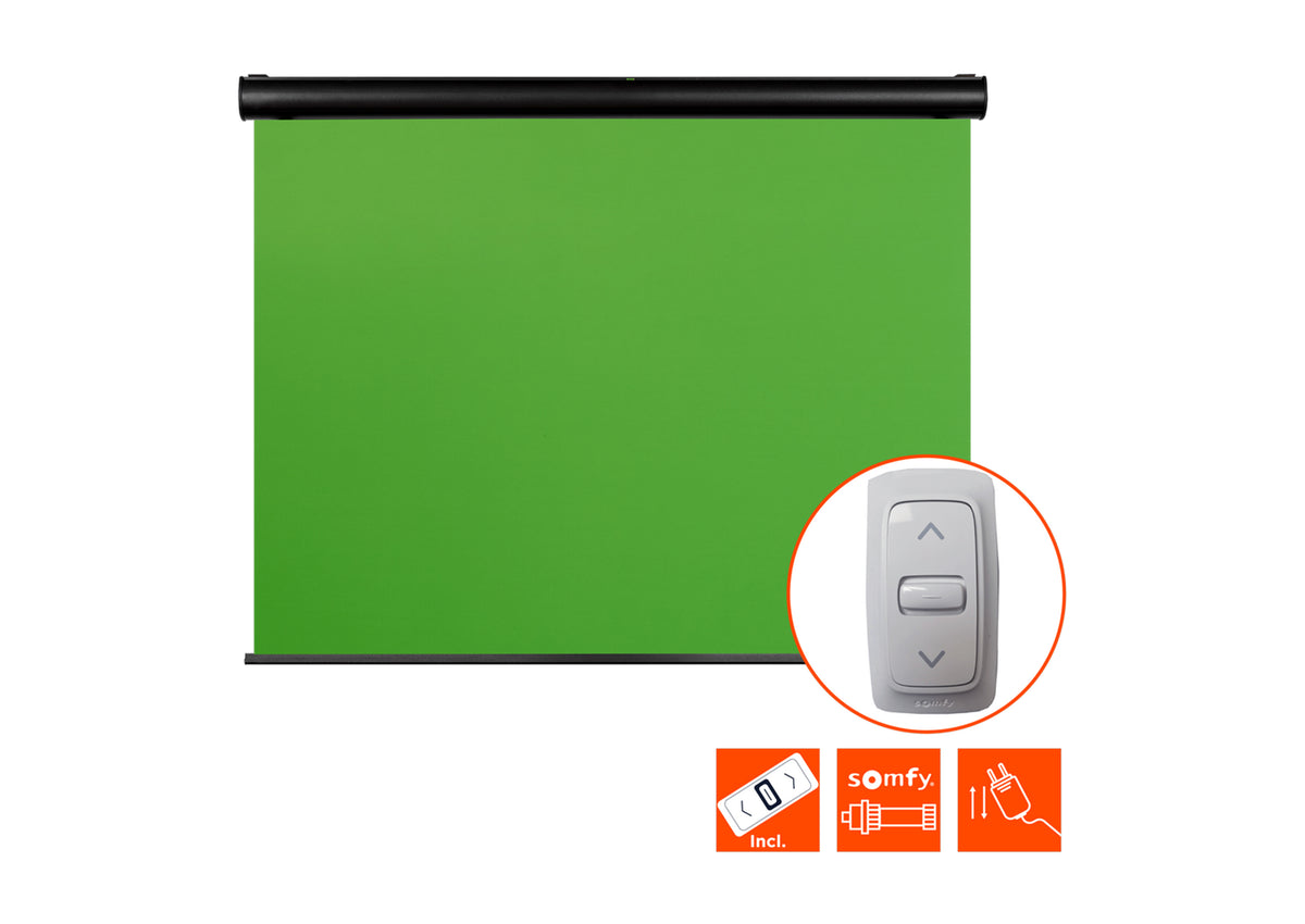 front view of the celexon Electric Chroma Key Green Screen with a close-up of the Control switch and technical specs shown as orange icons