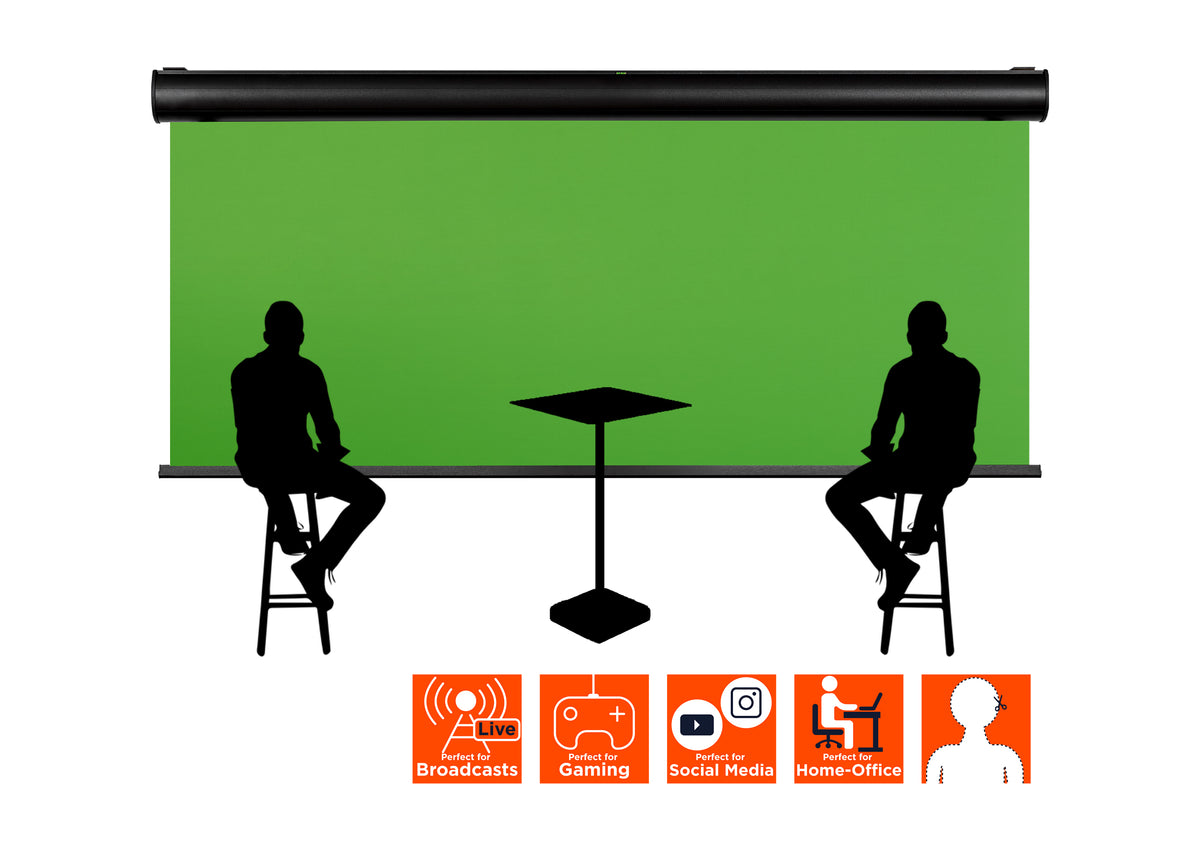 A schematic illustration of a celexon Electric Chroma Key Green Screen setup. In front of it, two people are seated as black silhouettes on stools with a small standing table between them. Below, orange icons explain various use cases.