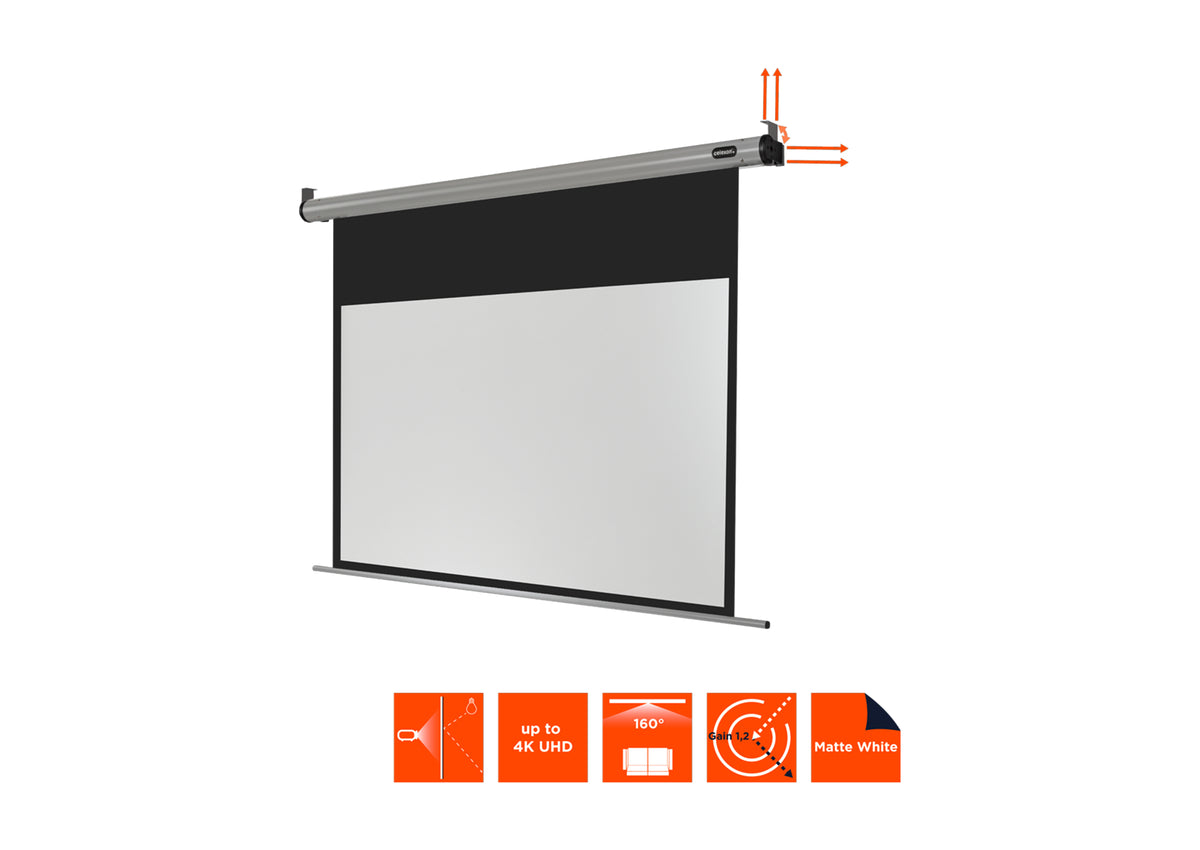 Frontal angled view of the celexon Projector screen Electric HomeCinema without projection, but with technical specs shown as orange icons 