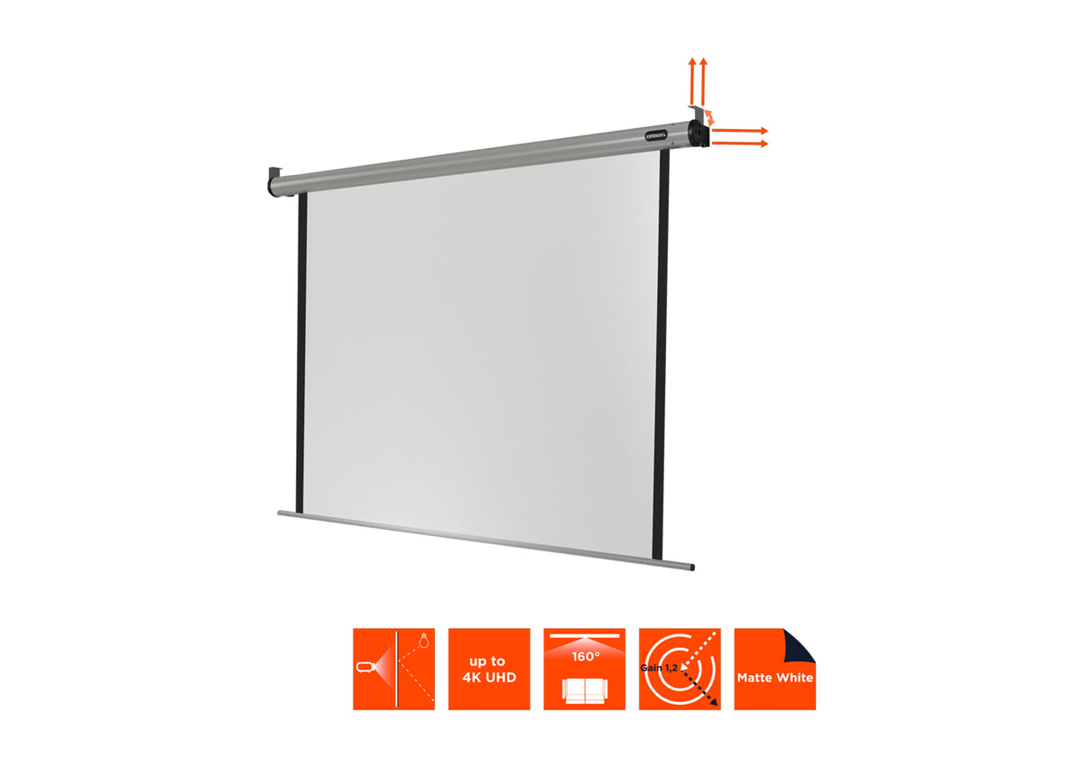 Frontal angled view of the celexon Projector screen Electric HomeCinema without projection, but with technical specs shown as orange icons 