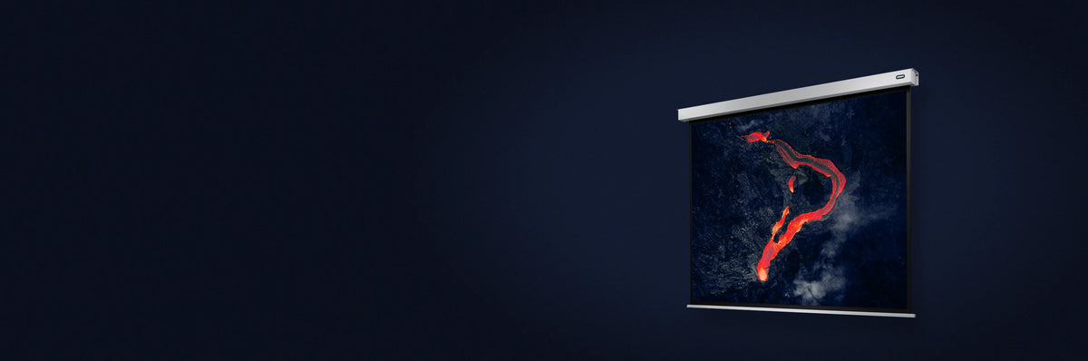 celexon Electric Projector Screen, with a projection showing volcanic rock with lava, placed on a dark blue background