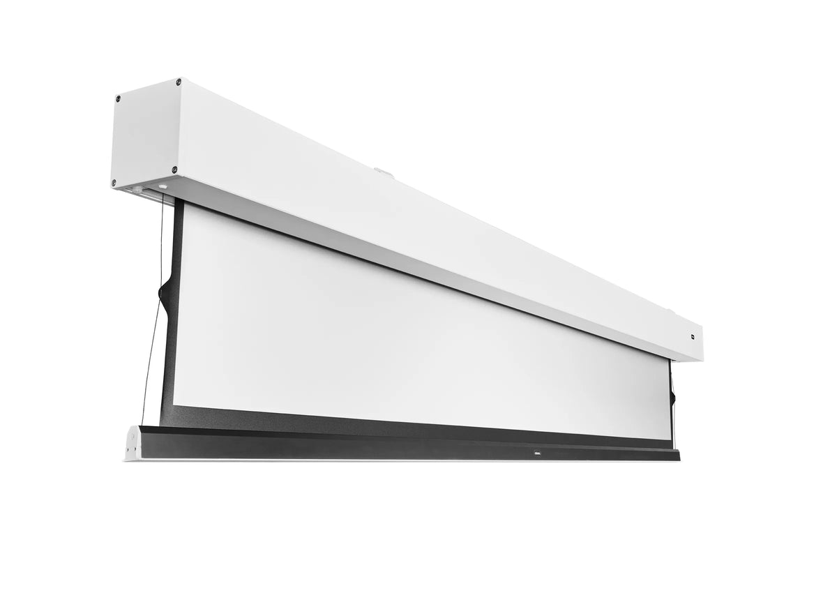 Frontal side view of an slightly extended celexon SOUNDVISION Premium Plus Screen Electric Tension 