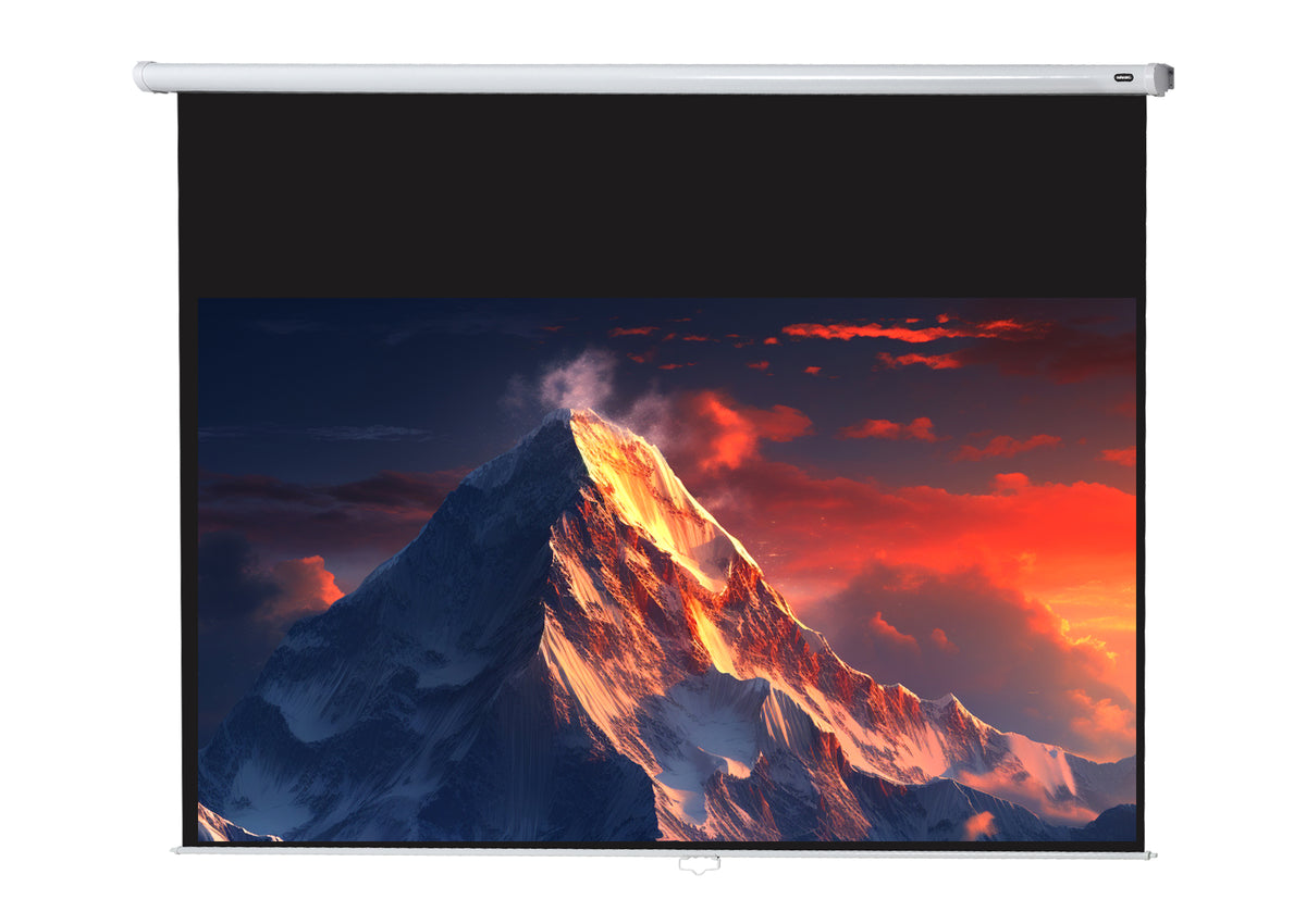 Frontal view of the celexon Projector screen Manual Economy with a projection showing a Icy mountain landscape