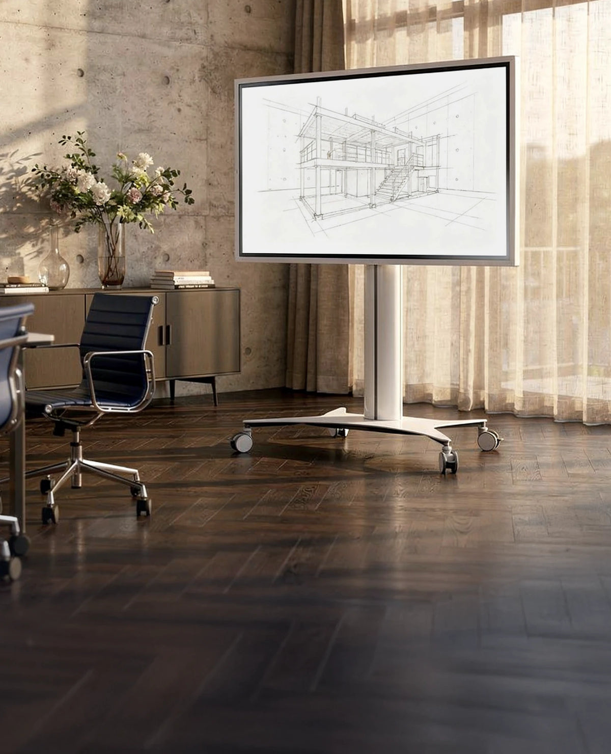 The image shows a modern office or creative studio with a celexon Seoul display trolley. On the screen, an architectural sketch of a building is displayed.