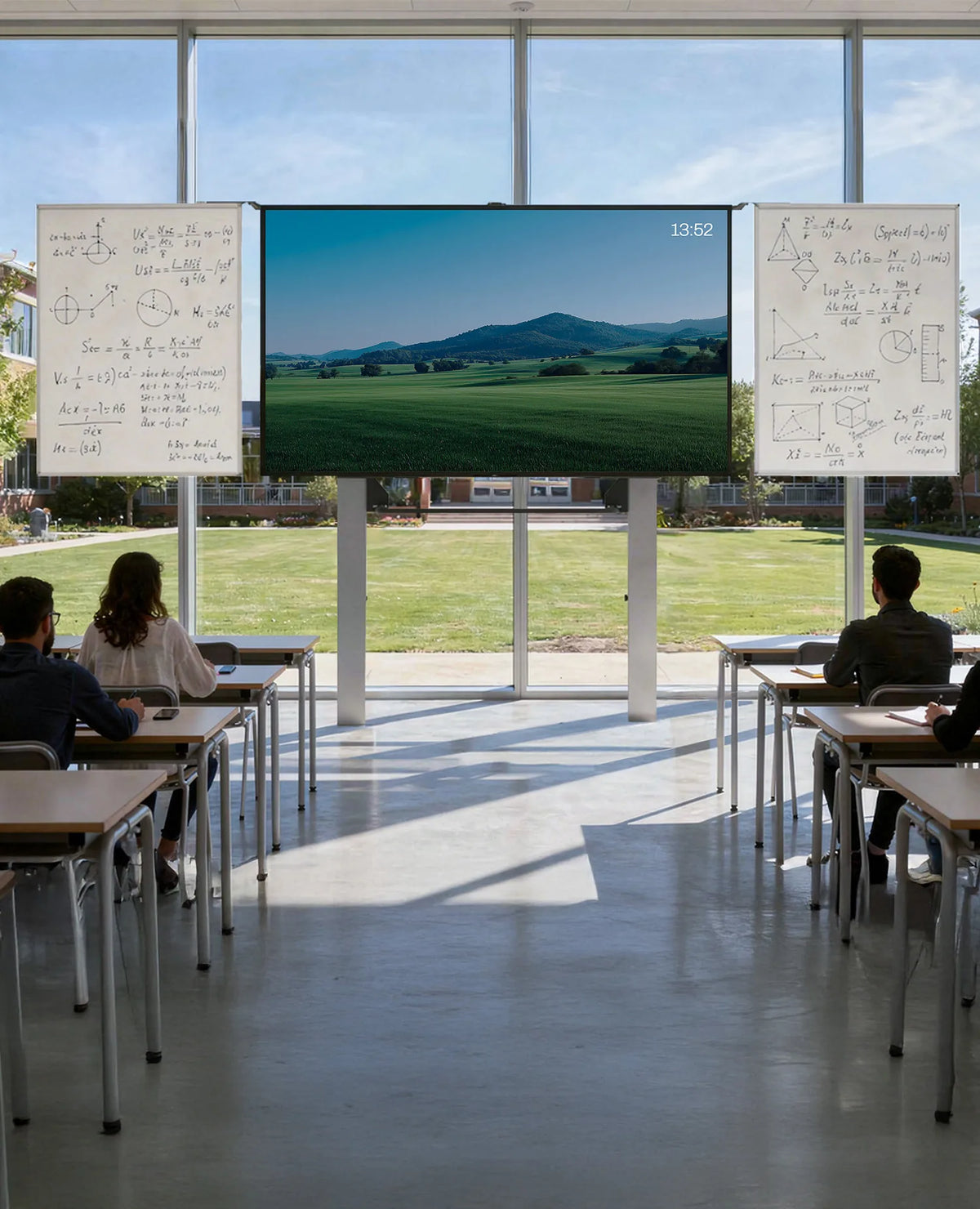 The image shows a modern classroom with large window fronts overlooking a well-maintained campus. In the center stands a large celexon Expert manual 2-column pylon system Adjust-W with a digital display showing a calm landscape of green fields and rolling hills, while traditional whiteboards on the left and right are covered with mathematical formulas and sketches. Several students are seated at tables, facing forward.