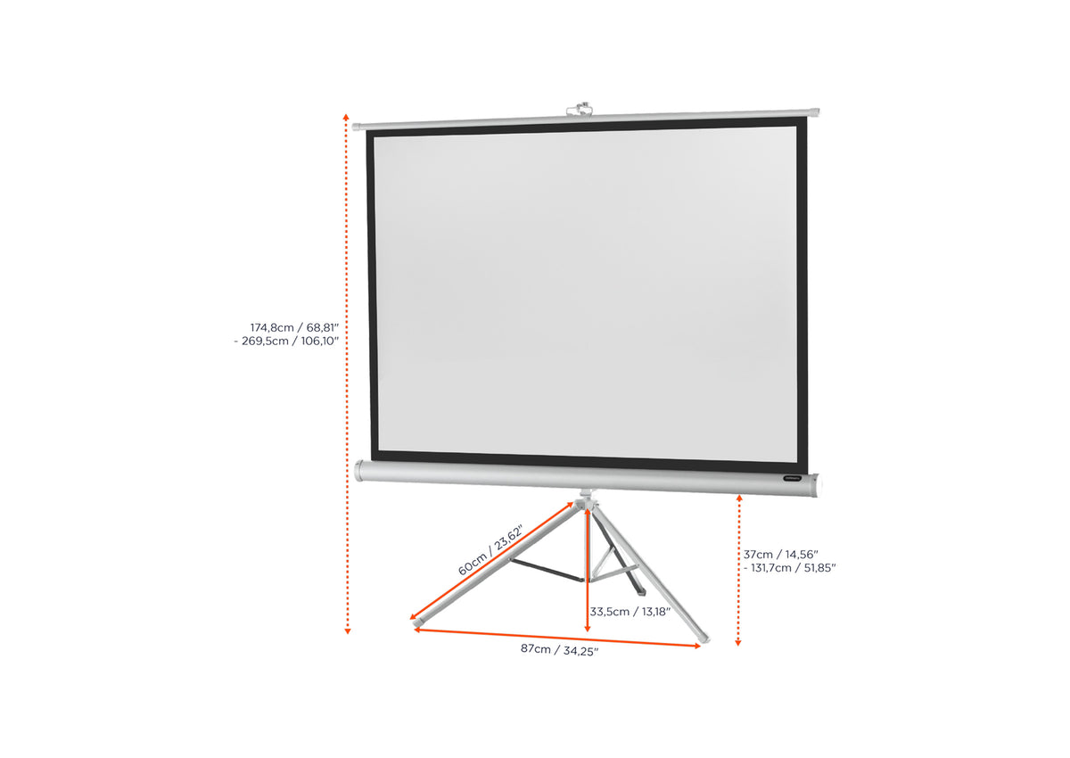 Front view of the celexon Tripod Economy Projector Screen – White Edition without projection, with the screen dimensions indicated
