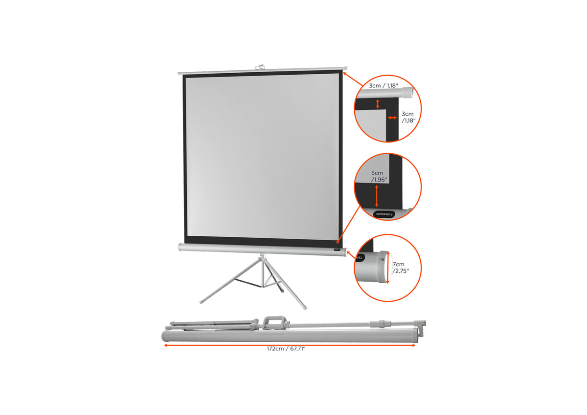 Front view of the celexon Tripod Economy Projector Screen – White Edition without projection, including a close-up of the black border and the housing dimensions, also shown in the folded state