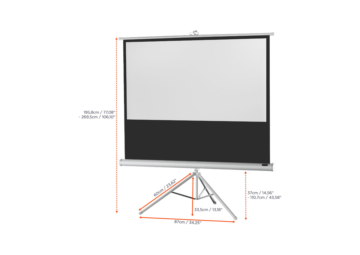Front view of the celexon Tripod Economy Projector Screen – White Edition without projection, with the screen dimensions indicated