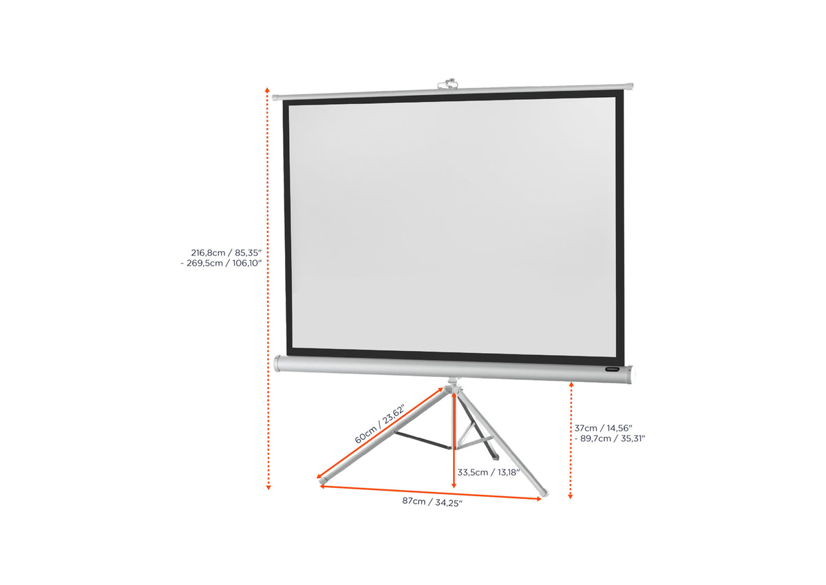 Front view of the celexon Tripod Economy Projector Screen – White Edition without projection, with the screen dimensions indicated