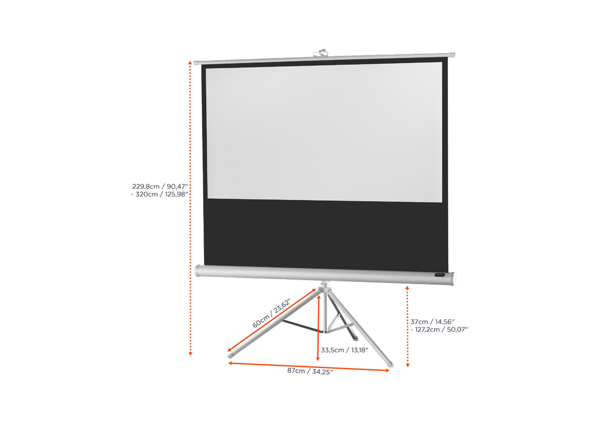 Front view of the celexon Tripod Economy Projector Screen – White Edition without projection, with the screen dimensions indicated