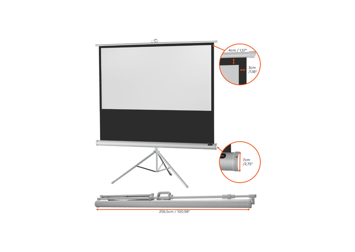 Front view of the celexon Dual Format Tripod Screen Mobile Expert - white edition without projection, with the screen dimensions indicated