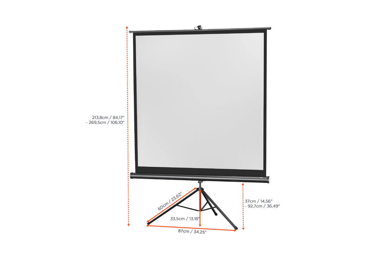 Front view of the celexon Tripod Economy Projector Screen without projection, with the screen dimensions indicated