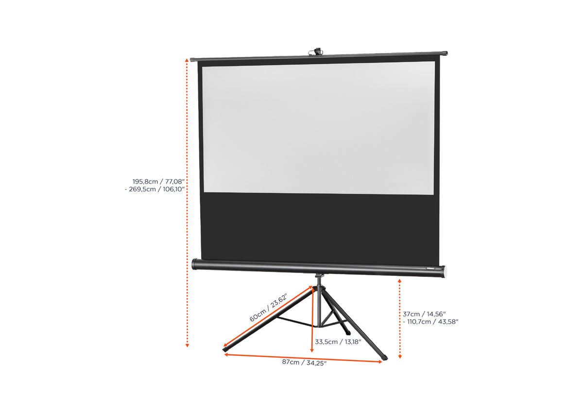Front view of the celexon Tripod Economy Projector Screen without projection, with the screen dimensions indicated