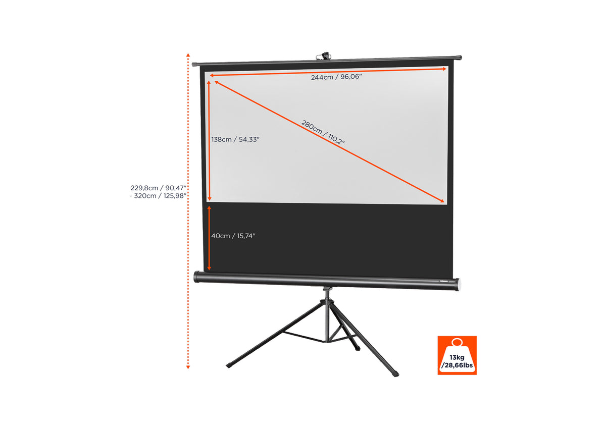 Front view of the celexon Tripod Economy Projector Screen without projection, with the screen dimensions indicated