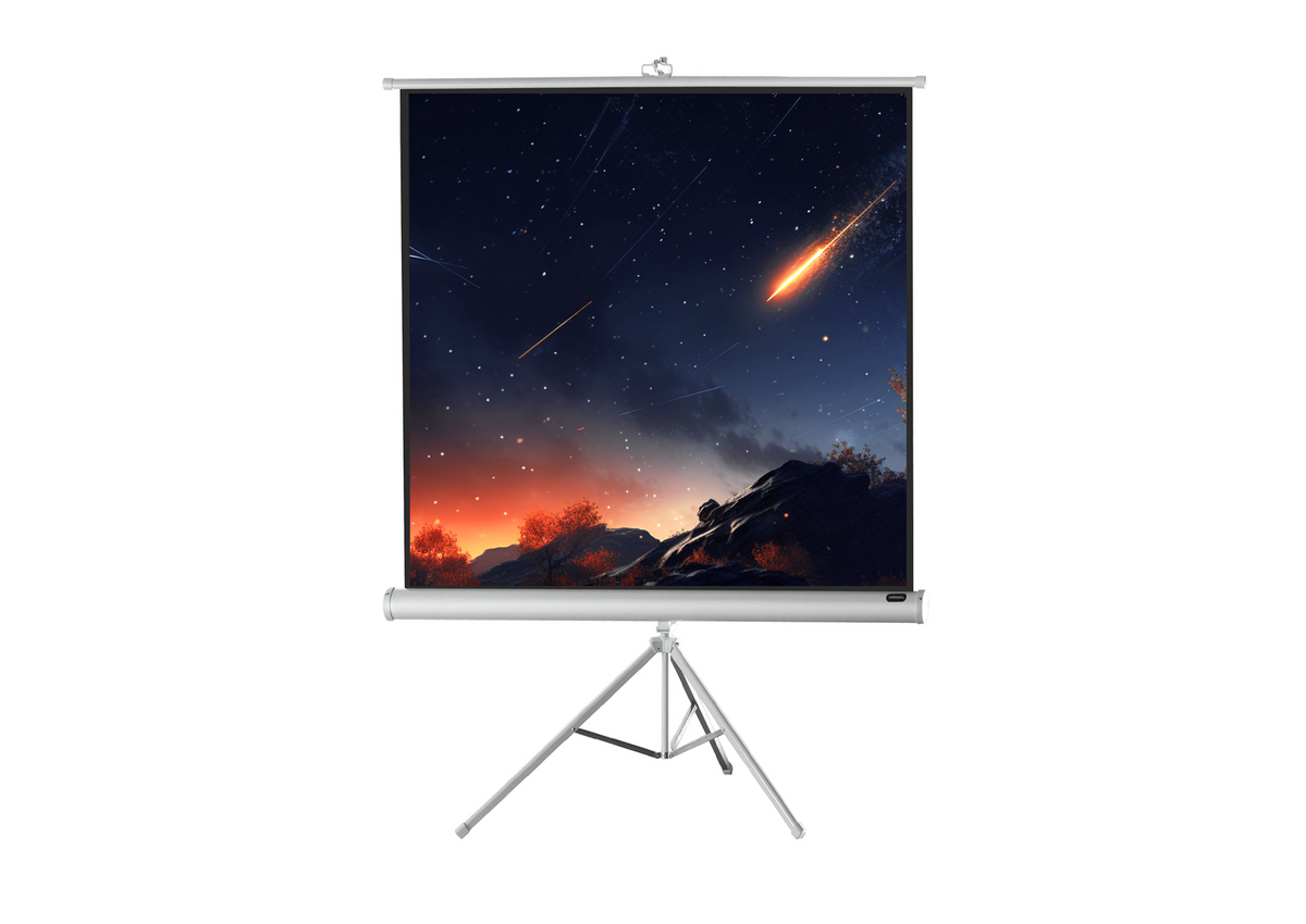 Front view of the celexon Tripod Economy Projector Screen – White Edition showing a projection with glowing meteors and stars in the dark night sky 